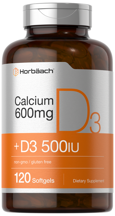 View 1 Supplement bottle labeled 'Calcium 600mg + D3 500IU' by Horbaach on a white background.