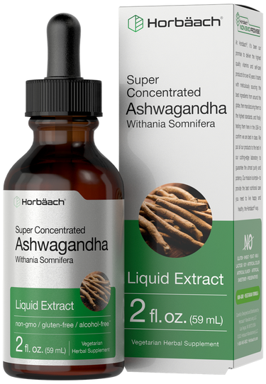 Packaging for Horbaach Super Concentrated Ashwagandha Withania Somnifera Liquid Extract, 2 fl oz in a dropper bottle with a label showing the product name and benefits.