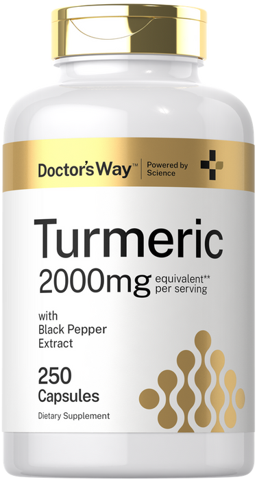 View 1 Supplement bottle labeled 'Turmeric 2000mg' with gold cap and label on a white background