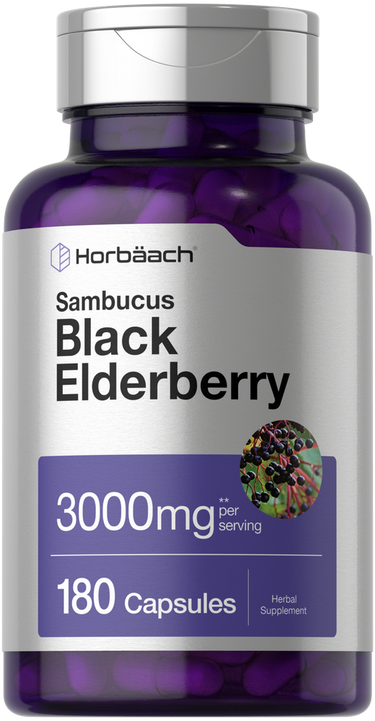 Purple supplement bottle labeled 'Sambucus Black Elderberry' with 'Horbaach' branding on a white background.