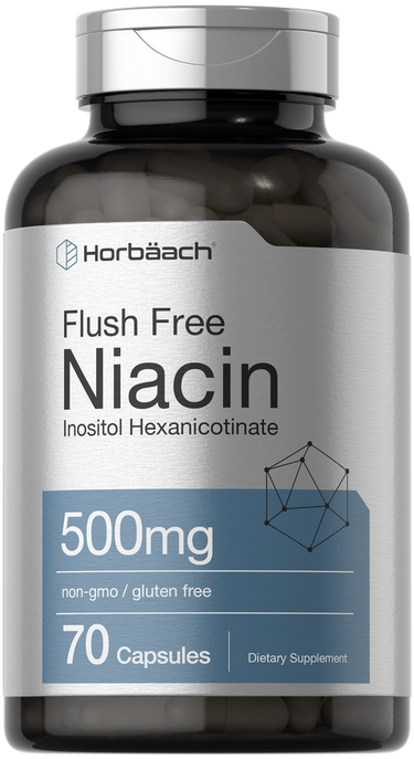 Supplement bottle labeled 'Flush Free Niacin' by Horbaach on a white background
