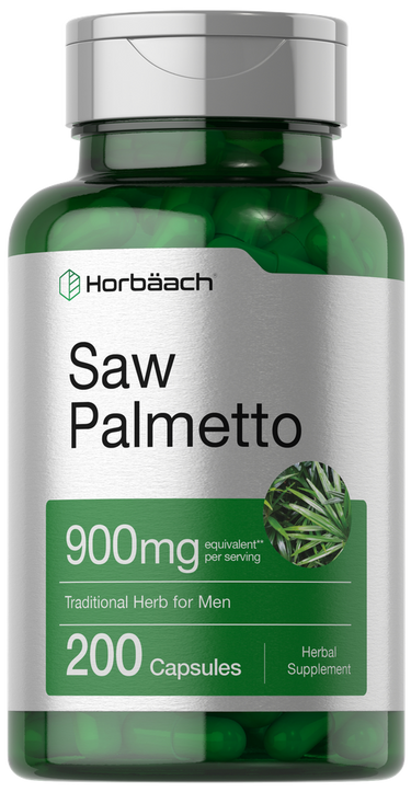 View 1 Bottle of Horbaach Saw Palmetto supplement with green label and silver cap.