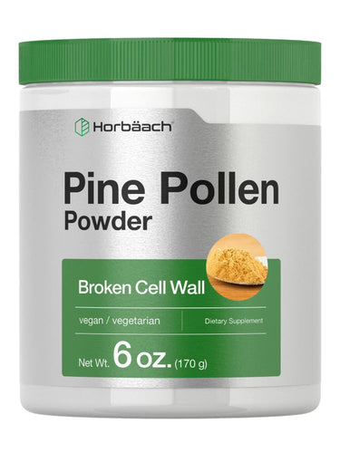 View 1 Container of Horbaach Pine Pollen Powder with green lid and label.