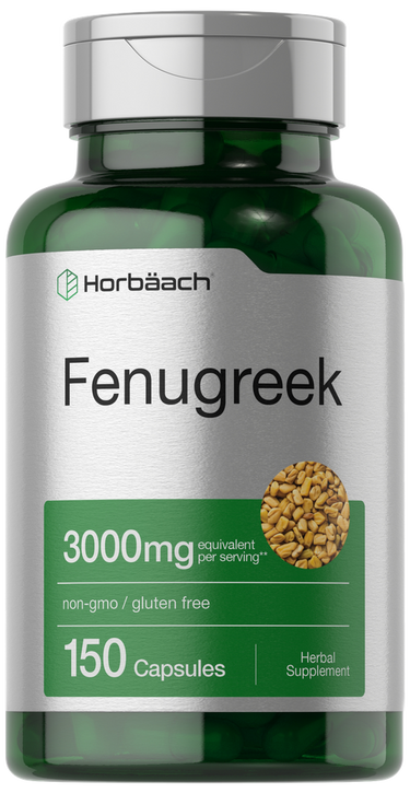 View 1 Green supplement bottle labeled 'Fenugreek' with Horbaach branding on a white background