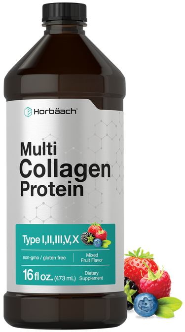 Bottle of Horbaach Multi Collagen Protein with fruit illustrations on a white background