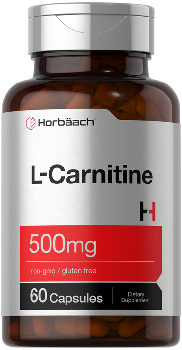 Bottle of Horbaach L-Carnitine capsules with a silver cap on a white background
