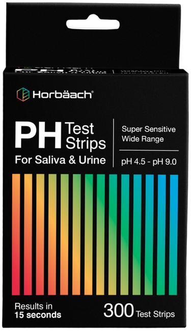View 1 Horbaach pH test strips packaging with color gradient and branding