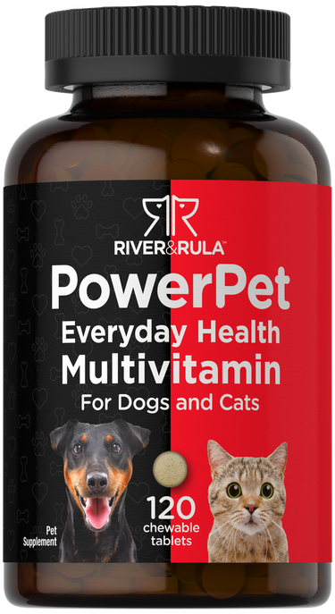 Bottle of PowerPet Everyday Health Multivitamin for dogs and cats with a black and red label.