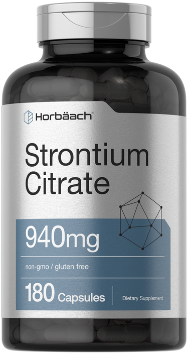 Supplement bottle labeled 'Strontium Citrate' by Horbaach on a white background