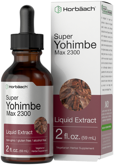 View 1 Horbaach Super Yohimbe Max 2300 Liquid Extract bottle and packaging on a white background