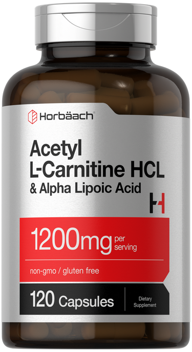 Supplement bottle labeled 'Acetyl L-Carnitine HCL & Alpha Lipoic Acid' with Horbaach branding.