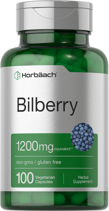 View 1 Bottle of Horbaach Bilberry supplement with green and white label