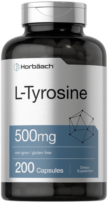 Horbaach L-Tyrosine supplement bottle with label on a white background
