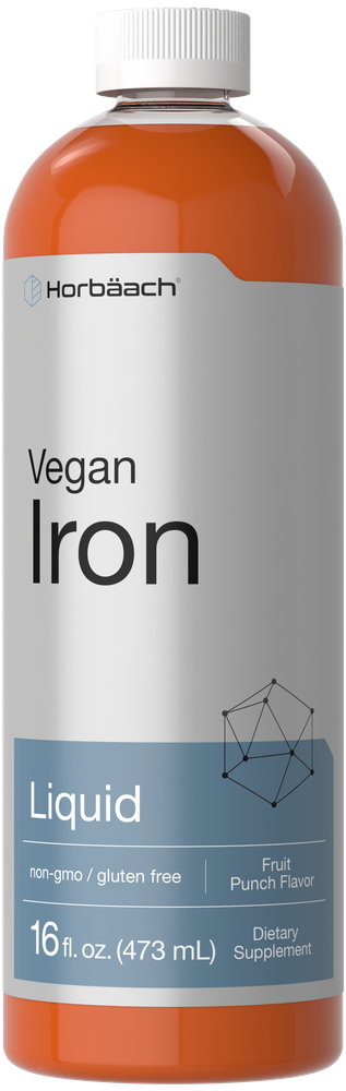 View 1 Vegan Iron liquid supplement bottle with 'Horbaach' branding on a white background