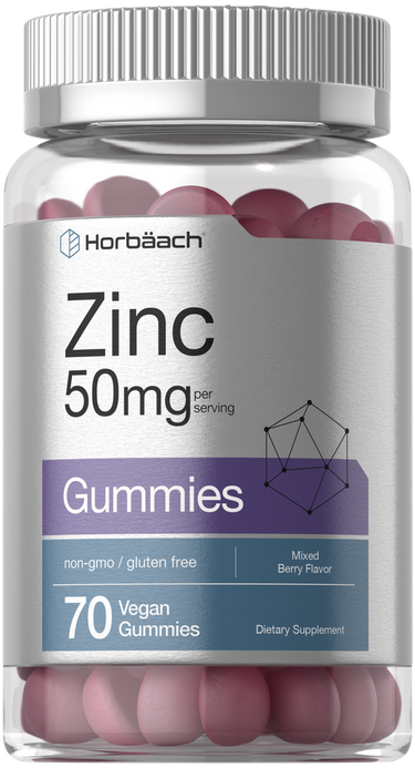 View 1 Horbaach Zinc 50mg gummies packaging with pink gummies inside