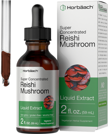 View 1 Horbäach Reishi Mushroom liquid extract bottle and packaging on a white background