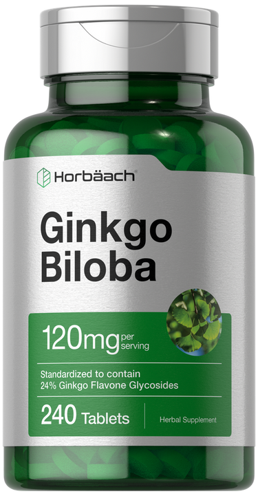 View 1 Green supplement bottle labeled 'Ginkgo Biloba' with 'Horbaach' branding on a white background.