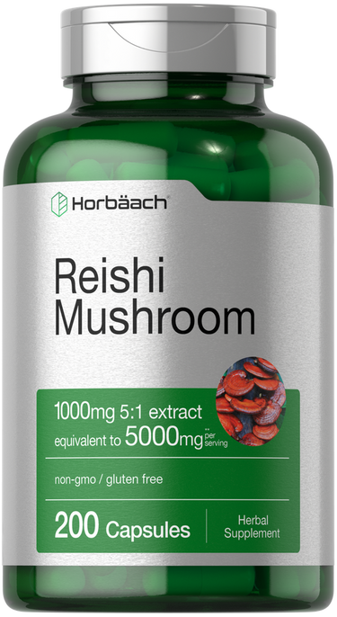 View 1 Horbaach Reishi Mushroom supplement bottle with green and white label