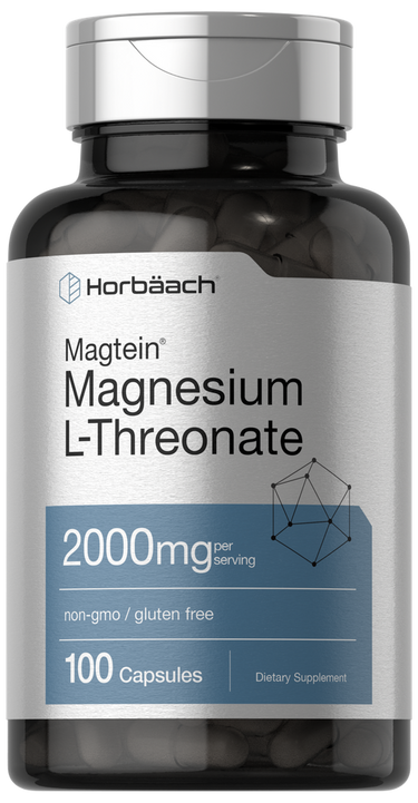 Supplement bottle of Magtein Magnesium L-Threonate by Horbaach on a white background