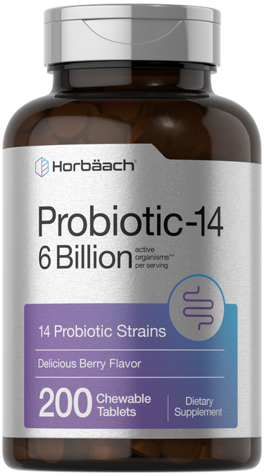 View 1 Probiotic supplement bottle with 'Horbaach' branding on a white background