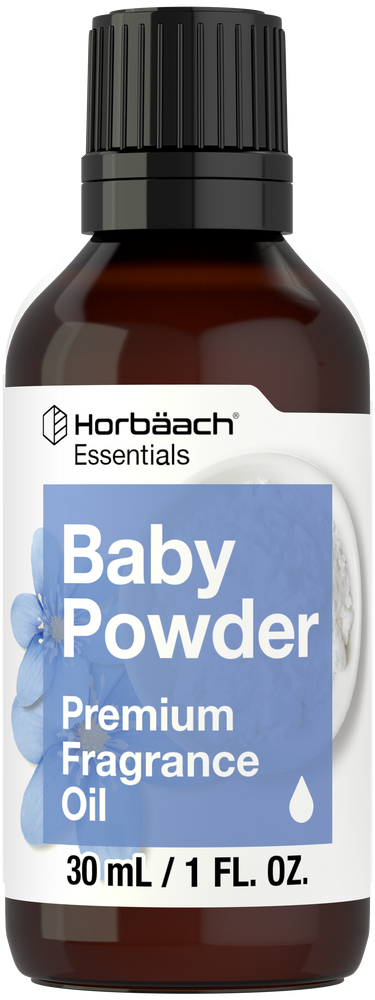 View 1 Bottle of Horbaach Essentials Baby Powder Premium Fragrance Oil with a blue label and black cap.