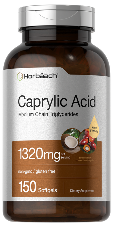View 1 Supplement bottle of Caprylic Acid by Horbaach with label details.