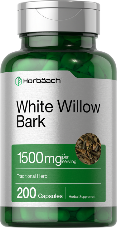 Green supplement bottle labeled 'White Willow Bark' with Horbaach branding on a white background.