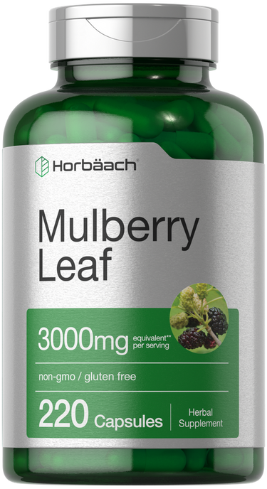 View 1 Green supplement bottle labeled 'Mulberry Leaf' with Horbaach branding on a white background