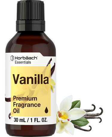 Horbäach Vanilla Premium Fragrance Oil bottle with vanilla flower and pod on a white background