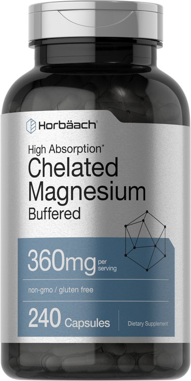 View 1 Supplement bottle labeled 'Horbaach Chelated Magnesium' on a white background