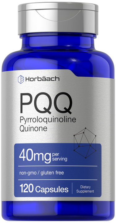 View 1 Blue supplement bottle labeled 'PQQ' with Harbäech branding on a white background