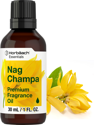 Horbaach Nag Champa fragrance oil bottle with yellow flowers on a white background