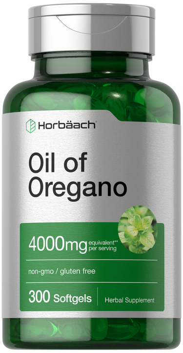 Green supplement bottle labeled 'Oil of Oregano' with silver cap on a white background