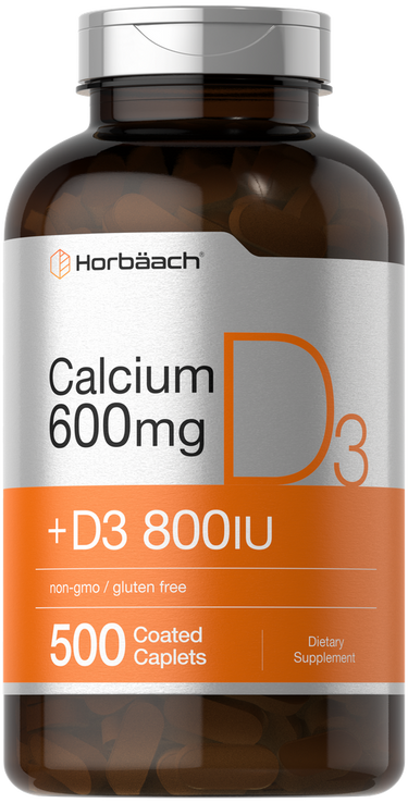 Horbaach Calcium 600mg + D3 800IU supplement bottle with orange and silver label.