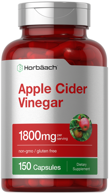 View 1 Horbaach Apple Cider Vinegar supplement bottle with red and silver design.