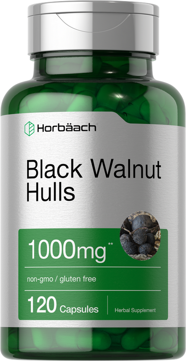View 1 Green supplement bottle labeled 'Black Walnut Hulls' with Horbaach branding on a white background.