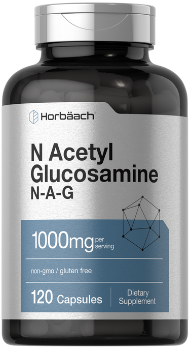 Supplement bottle labeled 'N Acetyl Glucosamine' by Horbaach on a white background