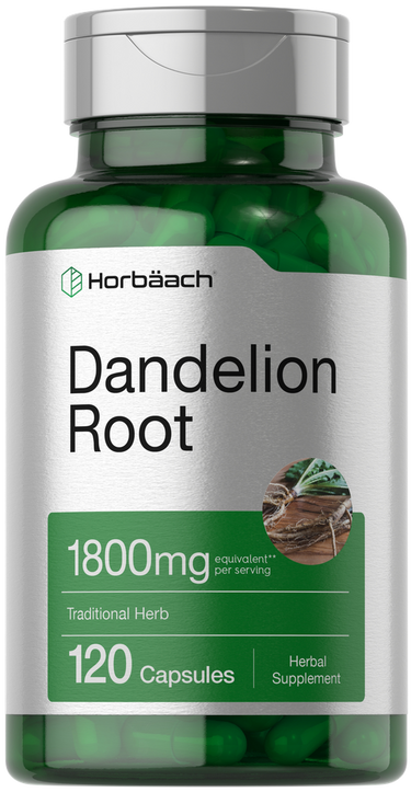 View 1 Green supplement bottle labeled 'Dandelion Root' with Horbaach branding on a white background