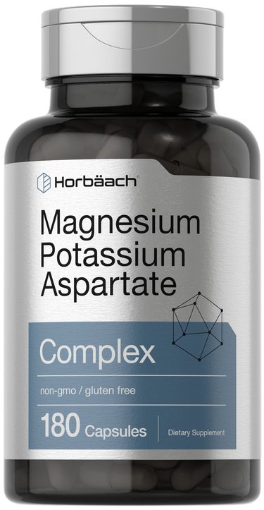 Supplement bottle labeled 'Magnesium Potassium Aspartate Complex' by Horbaach on a white background.