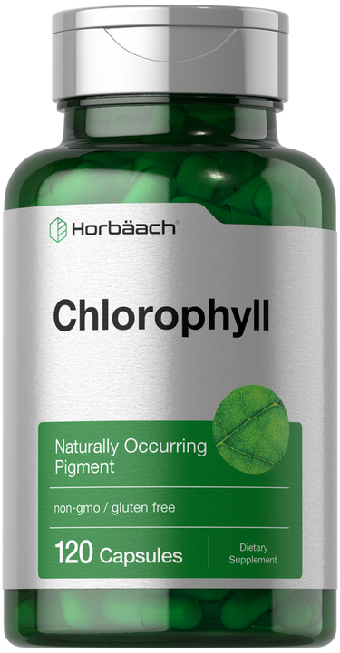 View 1 Green supplement bottle labeled 'Chlorophyll' with Horbaach branding on a white background