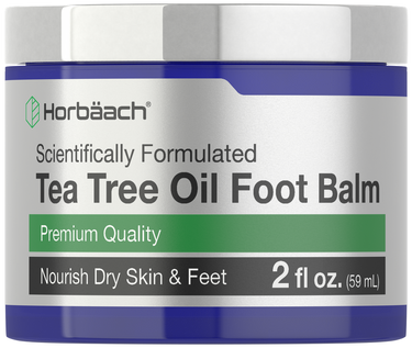 View 1 Horbaach Tea Tree Oil Foot Balm jar with label on a white background