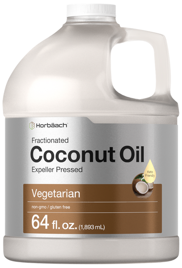 Gallon container of coconut oil with a label on a white background