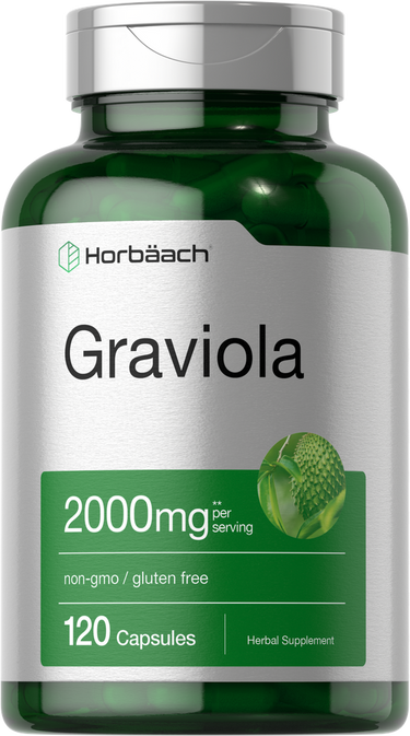 Green supplement bottle labeled 'Graviola' with 'Horbäach' branding on a white background.