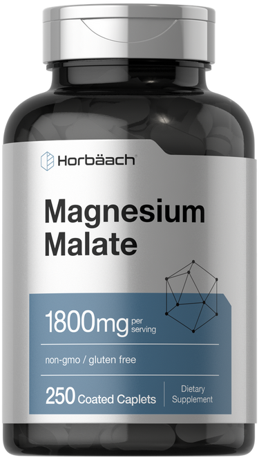 Supplement bottle labeled 'Magnesium Malate' by Horbaach on a white background