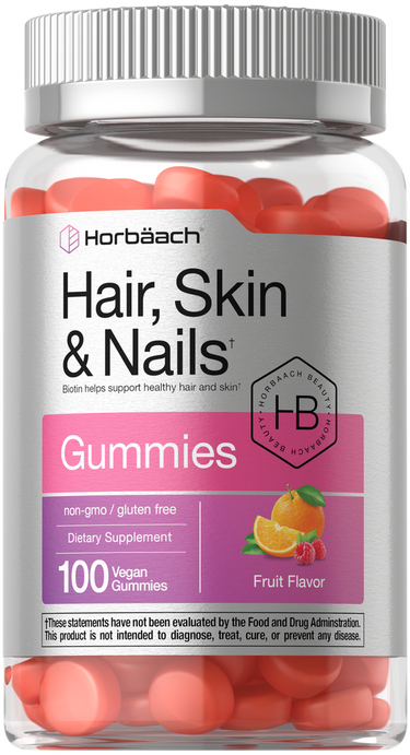 View 1 Horbaach Hair, Skin & Nails Gummies supplement bottle with pink gummies inside.