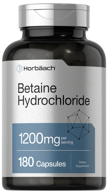 Supplement bottle labeled 'Betaine Hydrochloride' by Horbaach on a white background