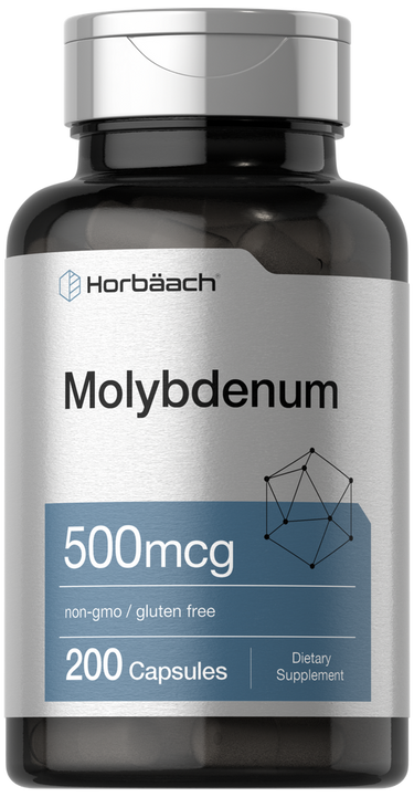 View 1 Supplement bottle labeled 'Molybdenum' with Horbaach branding on a white background