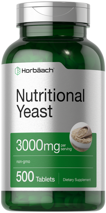 Green supplement bottle labeled 'Nutritional Yeast' with Horbaach branding on a white background