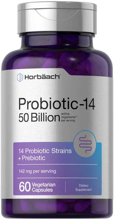 Purple supplement bottle labeled 'Probiotic-14' with Horbaach branding on a white background