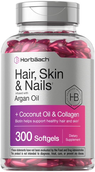 View 1 Supplement bottle labeled 'Hair, Skin & Nails' with pink capsules on a white background